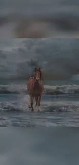 Horse galloping along the shore with dramatic ocean waves and cloudy sky.