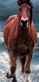 Majestic horse running along the ocean shore with waves crashing.