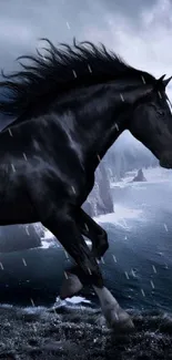 Majestic black horse running by the sea on a dramatic coastal cliff.