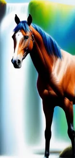 Majestic brown horse standing in front of a stunning waterfall.