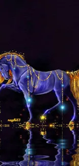 Purple horse with golden accents on a black background.