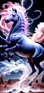 Purple horse in a magical, dreamy landscape with swirling clouds.