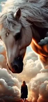 Giant white horse above clouds in fantasy scene.