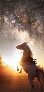 Silhouetted horse under a galaxy sky at sunset.