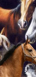 Majestic horses grouped in artistic wallpaper design.