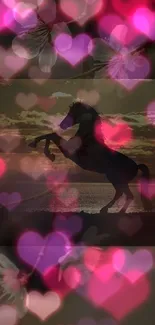 Silhouette of a horse in a heart-filled sunset sky wallpaper.