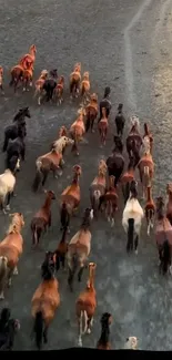 Aerial view of galloping horse herd in a natural landscape.