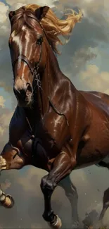 Majestic horse galloping through a cloudy sky wallpaper.