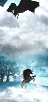 Fantasy wallpaper with a horse and clouds under a moonlit sky.