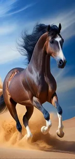 A majestic brown horse runs swiftly across a vast desert landscape.
