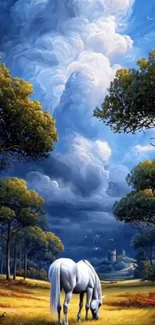 White horse grazing in a dreamy forest landscape with vibrant skies.