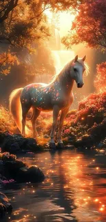 A glowing horse in a magical, illuminated forest.