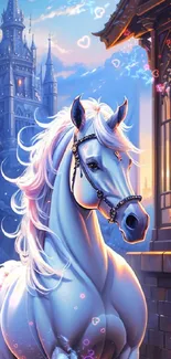 Majestic white horse at a fantasy castle glowing at night.