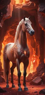 A majestic jewelled horse in a fiery cave setting.