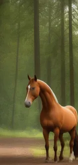 Majestic brown horse standing in a lush green forest path.