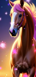 Majestic horse with glowing mane in vibrant digital art wallpaper.