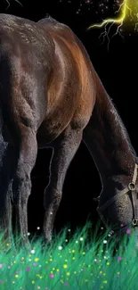 Majestic horse under lightning with colorful grass.