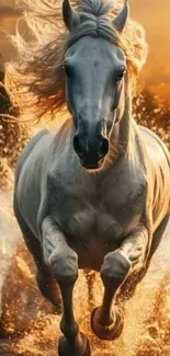 Majestic white horse running by sunset waters.