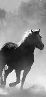 Black-and-white wallpaper of a running horse.