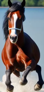 Majestic horse gallops through calm water with a serene nature background.