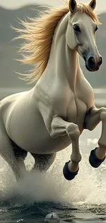 A majestic white horse galloping through water.