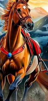 Majestic horse in a vibrant mountain setting.