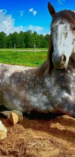 Majestic horse resting in a scenic countryside setting under a bright blue sky.