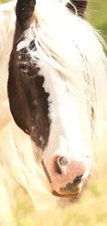 Majestic black and white horse with flowing mane in natural setting.