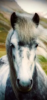 Majestic grey horse stands in vibrant mountain landscape under blue sky.