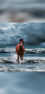 Horse running through ocean waves with a stormy sky.