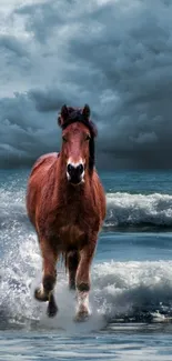 Horse running through ocean waves with dramatic sky backdrop.