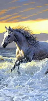 Majestic horse gallops through ocean waves at sunset.