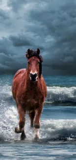 Horse galloping through ocean waves under a dramatic sky.