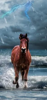 A horse gallops through ocean waves under a dark, stormy sky with lightning.