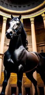 Majestic black horse inside Roman dome, elegant and powerful setting.