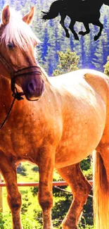 A majestic horse stands in a lush forest with a scenic background view.