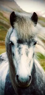 Grey horse in mountainous field scenery mobile wallpaper.