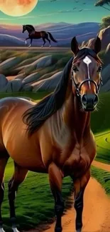 Majestic horse in a colorful landscape with a distant moonlit horizon.