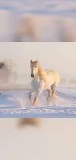 Majestic white horse running on snowy landscape.