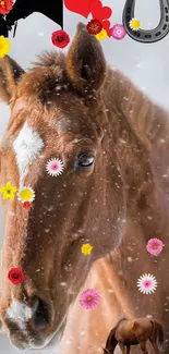 Majestic brown horse with floral accents in a snowy landscape.