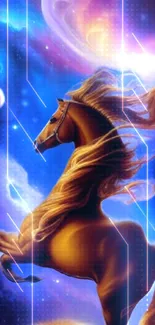 Majestic horse galloping through a colorful cosmic scene with digital effects.