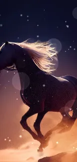 Majestic horse galloping under starry night sky with glowing effect.