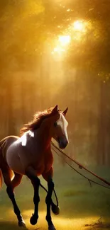 Majestic horse running in golden sunlight through forest.