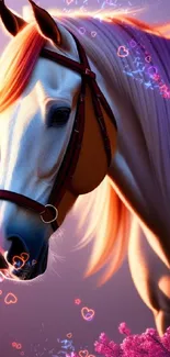 Graceful horse in sunset with vibrant colors and pink accents.