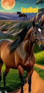 Majestic horse in a moonlit landscape.