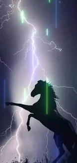 Silhouette of a horse rearing against a lightning-filled dark night sky.