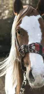 A majestic brown and white horse in a natural setting, perfect wallpaper for mobiles.