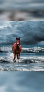 Horse galloping on stormy beach with waves.