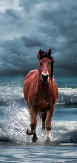 Majestic horse runs through ocean waves on a stormy beach under cloudy skies.