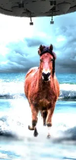 Majestic horse galloping along a beach with dramatic clouds above.